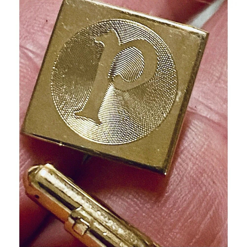 Vintage Initial P Monogram Cufflinks Gold Tone Engine Turned Square Bullet Back